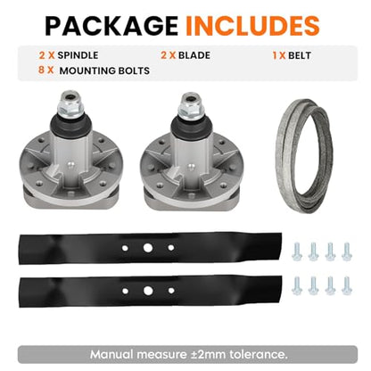 42 inch Deck Spindle Blade Belt Rebuild Kit for John Deere L100 L105 L107 L108 L100 L110 L111 L118, Include Spindle GY20050 GY20785, 1/2" x 104" Belt GX20072 GY20570, Mulching Blade GX20249 GX20433 - size: 42 inch Spindle Kit