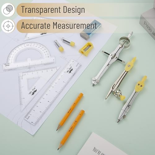 Mr. Pen- Geometry Set, 13 pcs, 3 Metal Compasses, Protractor, 6" Ruler | 45° & 30°/60° Set Squares, Pencils, Lead Refills, Sharpener & Eraser for Math, Drafting & Classroom Use - color: Yellow