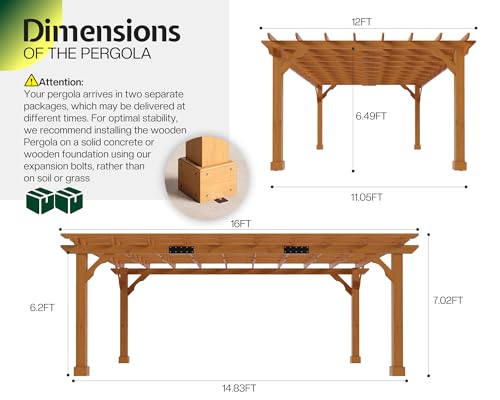 Jocisland 12x16 FT Premium Cedar Wood Pergola with Trellis Roof & Stakes - size: 12x16 FT
