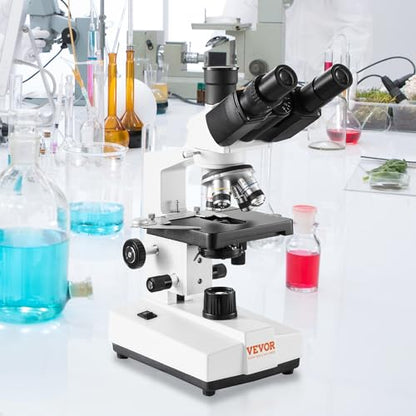 VEVOR Compound Trinocular Microscope, 40X-5000X Magnification Trinocular Compound Lab Microscope with Two-Layer Mechanical Stage, LED Illumination, External Interface and Microscope Slides Included - style: C
