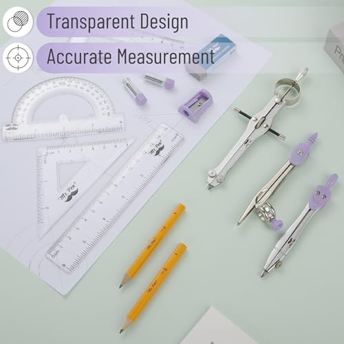Mr. Pen- Geometry Set, 13 pcs, 3 Metal Compasses, Protractor, 6" Ruler | 45° & 30°/60° Set Squares, Pencils, Lead Refills, Sharpener & Eraser for Math, Drafting & Classroom Use - color: Purple