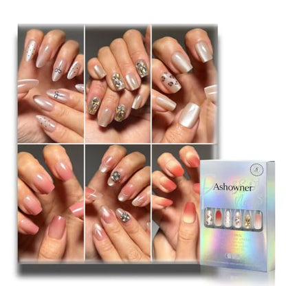 6 Packs (144 Pcs) | Reusable Press on Nails | cute nails | 6-Style Bundle | 12 Sizes | Each Style 24 Pcs | Gold Rhinestone & Glitter Accents - color: Gold Rhinestone & Glitter Accents