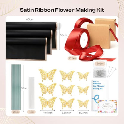 Caydo Red Ribbon Rose Bouquet for Gifts - color: Red