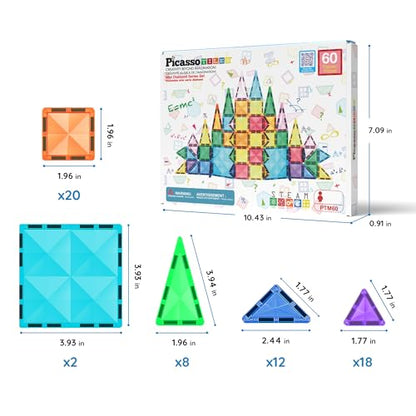 PicassoTiles 60 pcs Mini Magnetic Tiles Magnet Toys Travel-Friendly On-The-Go Building Blocks for Kids Compact Lightweight Creative playset Preschool Montessori Early Learning STEM Kids Toy Ages 3+. - color: 60pcs Mini