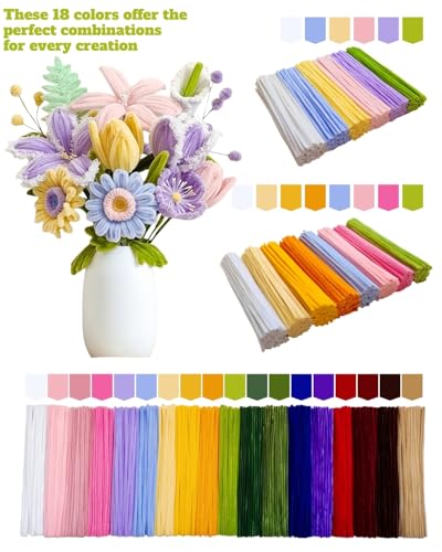 1000 Pcs Pipe Cleaners Flower Kit, 18 Colors Chenille Stems with Complete Accessory Set & Instruction, Pipe Cleaners Craft, Art and Craft Supplies, DIY Art Projects Creative Gift