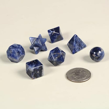 7-Piece Sodalite Natural Crystal Geometry Collection Healing Crystals Kit Sacred Geometry Platonic Solids Geometric Set Tumbled Stones Specimen Collection - style: Sodalite
