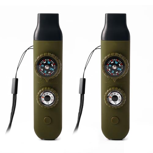 Emergency Survival Safety Whistle，Whistle for Kids with Lanyard,Compass,Thermometer,Ideal for Kayaking, Boating, Hiking, Camping, Climbing - color: Army Green 2pcs