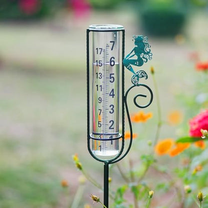 Stargarden Rain Gauge Outdoor, Mermaid Rain Gauge with Metal Stake - color: Blue mermaid