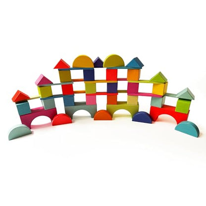 Quiggly Montessori Wooden Rainbow Building Blocks - 68 Pc STEM Toy Set
