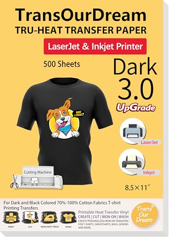 TransOurDream Tru-Heat Transfer Paper for Inkjet & LaserJet Printer (500 Sheets, 8.5x11", Dark 3.0) Printable HTV Heat Transfer Vinyl for T Shirts Iron on Transfers for Dark Fabrics - color: Dark, size: 500 Sheets