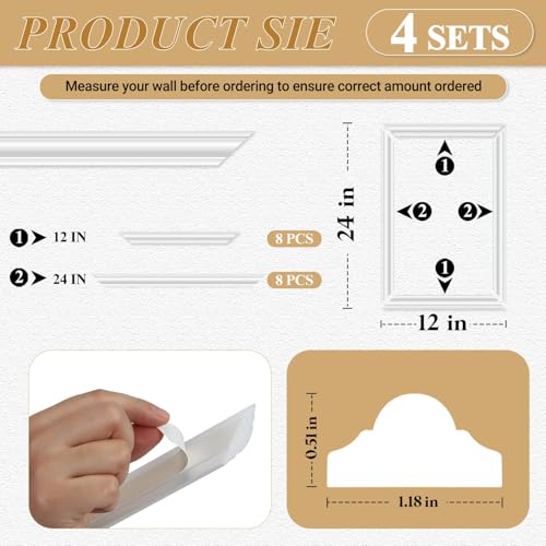 4 Set Peel and Stick Wall Molding Trim Kit, Premade Wainscoting Panels, White Pre Cut Wall Panels for Interior Wall Decor, DIY Home Decoration Picture Frame (12 x 24 Inch)