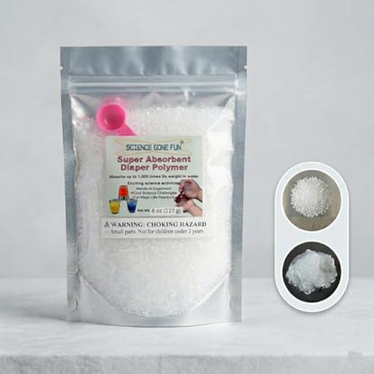 Super Absorbent Polymer (8 oz) – Fine Granular Water Gel Crystals for STEM Experiments, Sensory Play, and Magic Tricks – Absorbs 1,000x Its Weight – Certified Non-Toxic