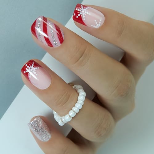 CurvLife Shrot Square Christmas Press On Nails, Candy Cane Red, Soft Gel - color: Christmas Candy