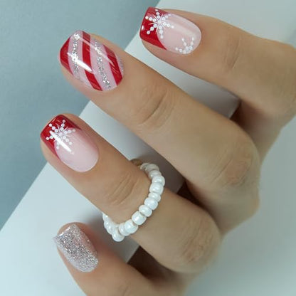 CurvLife Shrot Square Christmas Press On Nails, Candy Cane Red, Soft Gel - color: Christmas Candy