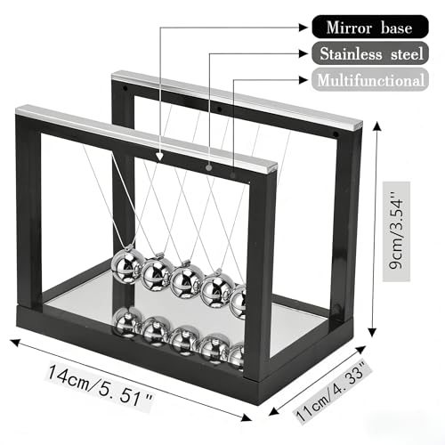 Newtons Cradle with 5 Stainless Steel Balls & Mirror Base - Classic Physics Pendulum Swing Balance Ball, Science Desk Decor for Office Home Decoration, Stress Relief Gift