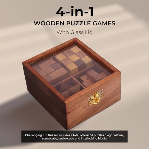 Ajuny Wooden Puzzles Box Set (4 Games) Brain Teaser for Teens & Adults, IQ Test Interlocking 3D Puzzles, Handcrafted Rustic Patio Decor, Unique Gift for Christmas and Birthdays - style: 4 in 1