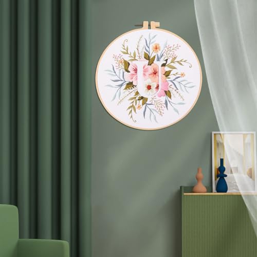 IUHUI Embroidery Kit for Beginners Adults - 26 Floral Letters Easy Patterns, DIY Hand Stitching Embroidery Set with Hoop (Flower and Grass Letter U) - color: Flower and Grass Letter U