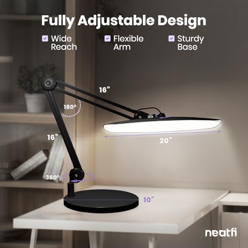 Neatfi XL 2200 Lumens 24W LED Desk Lamp - 4-Level Dimmable Task Light | Home Office, Crafts & Workbench | 20-Inch Wide Head (Black, Non-CCT with Base) - color: Black, size: Non-CCT with Base