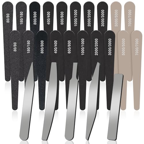 Honoson 25 Pack Hobby Model Polishing Hand Files Tool Set 5 Pcs #10000 Grit Glass Polishing Files and 20 Pcs Sanding Sticks Tool for Metal Wood Model Craft(Low Grits Rating,Teardrop Style) - style: teardrop Style