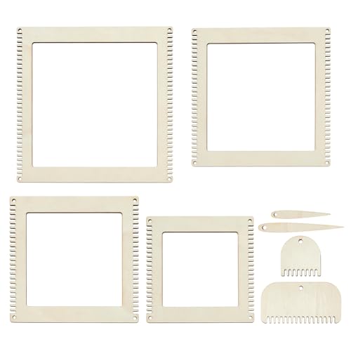 WEBEEDY 8 Pcs Wooden Square Weaving Loom for Adults Beginners, 4 Sizes Small Wood Loom with 2 Wood Needles & 2 Combs for Home Knitting Weaving Art Making Decor
