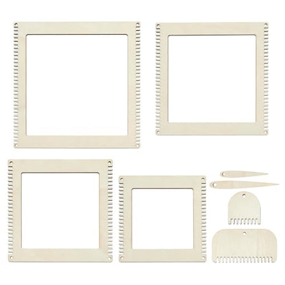 WEBEEDY 8 Pcs Wooden Square Weaving Loom for Adults Beginners, 4 Sizes Small Wood Loom with 2 Wood Needles & 2 Combs for Home Knitting Weaving Art Making Decor