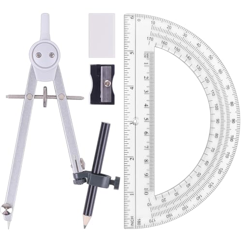 Unjoo Professional Metal Compass for Geometry Set, Math Protractors(Silver) - color: Silver