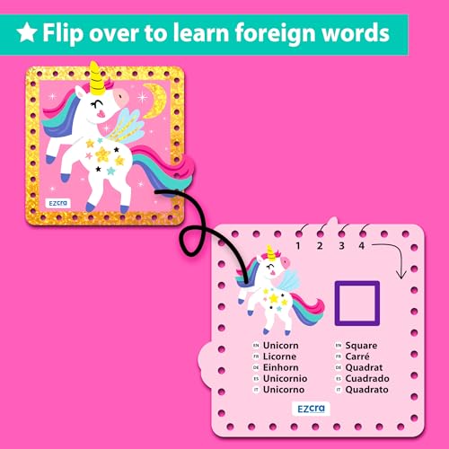 KRAFUN Princess Unicorn Holographic Lacing Cards Age 3+ | 10 Projects - color: Girly