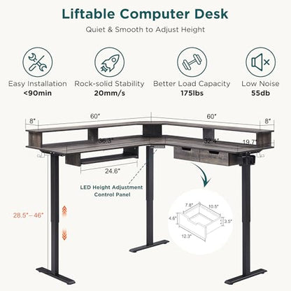 RedLemon 60 Inches L Shaped Electric Standing Desk, Dark Rustic Oak - color: Dark Rustic Oak, size: 60"X60"