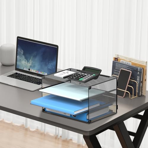 DALTACK 3 Tier Letter Tray Paper Organizer with Sliding Mesh Trays Black - color: Black