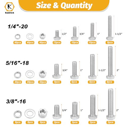 Kadrick 272Pcs 18-8(304) Stainless Steel Hex Bolts Assortment,1/4-20 5/16-18 3/8-16 Heavy Duty Bolts and Nuts Kit, Assorted SAE Bolts Nuts Flat&Lock Washers,Lenth Form 1/2''-2'' - size: 272Pcs SAE HEX Stainless