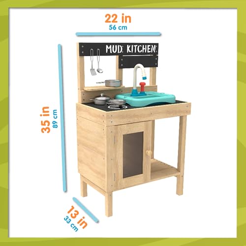 TP Toys Mud Play Kitchen For Kids - Indoor, Outdoor Toddler Toys Wooden Kitchen Playset w/ Accessories, Sink with Faucet, Durable, Weatherproof, Chalkboard, Wood Burner Stencils, Easy Assembly, Age 3+ - style: Wooden Mudd Kitchen
