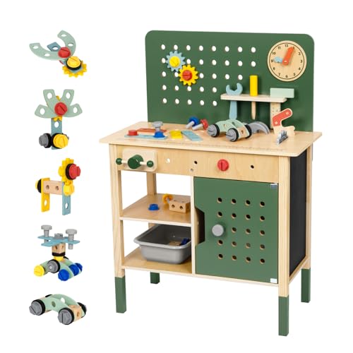 OOOK Kids Tool Bench，Wooden Toddler Workbench with Tools Set，Large Storage Wooden Tool Workbench for Kids Age 3-5，Pretend Play Construction Set Gift for Boys Girls