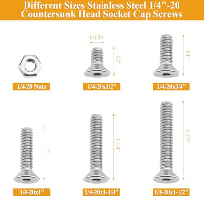57 Pieces 1/4-20 x 1/2", 3/4", 1", 1-1/4", 1-1/2", Countersunk Head Socket Cap Screws Nuts Assortment Kit - size: 1/4"-20, style: Countersunk Head Socket Cap