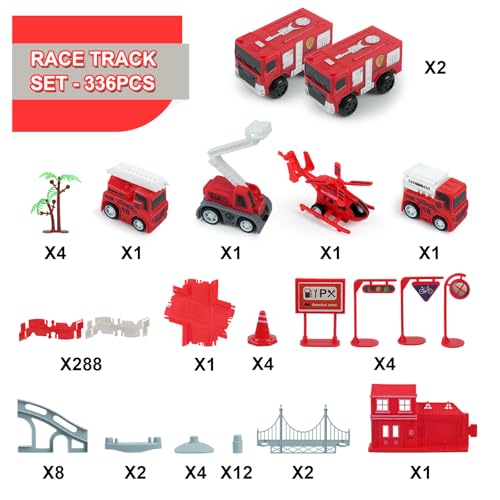GIAT Race Car Track Toy for Kids - Birthday Gift for Boys Ages 3 4 5 6 7 Year Old, Flexible DIY Playset with Helicopter and Fire Truck, 330+ PCS Interactive Set - color: Red Fire Station Race Tracks Set