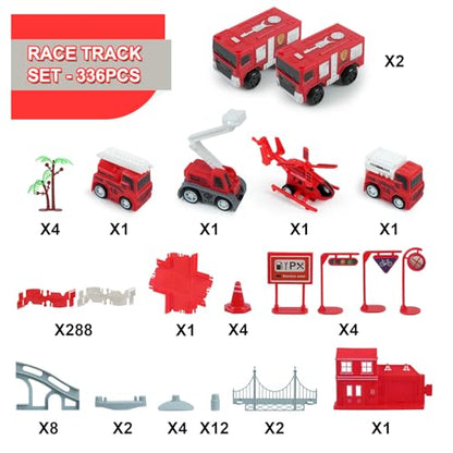 GIAT Race Car Track Toy for Kids - Birthday Gift for Boys Ages 3 4 5 6 7 Year Old, Flexible DIY Playset with Helicopter and Fire Truck, 330+ PCS Interactive Set - color: Red Fire Station Race Tracks Set