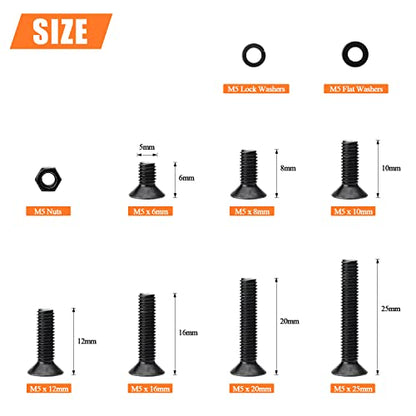 HELIFOUNER 240 Pieces M5 x 6mm /8mm /10mm /12mm /16mm /20mm /25mm, Countersunk Head Socket Cap Screws Bolts Washers Nuts Kit, 10.9 Grade Alloy Steel, Full Threaded, Black - size: M5, style: Countersunk Head
