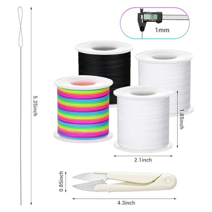 1 mm Stretchy Bracelet String with Scissors Beading Needle, 4 Rolls,660FT - color: Black, White, Rainbow