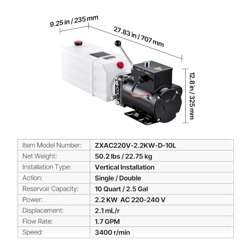 VEVOR 10 Quart Hydraulic Pump, 2.2KW Hydraulic Dump Trailer Pump Single Acting, 3200 PSI Max Relief Pressure, 1.7 GPM Flow Rate, AC220-240V Hydraulic Power Unit Car Lift (Vertical Installation) - size: 6 Quart, style: Single Acting
