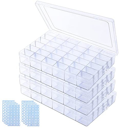 4 Pack Clear Plastic Organizer Box,36 Grids Clear Bead Organizer with Adjustable Divider for Bead Art DIY Craft Jewelry Fishing with 512 Label Stickers