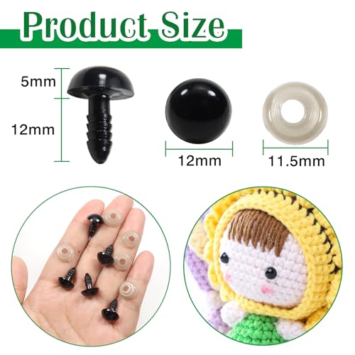 TOAOB 150pcs 12mm Black Plastic Safety Eyes Crafts Safety Eyes with 150pcs Washers for Stuffed Animals Amigurumis Crochet Doll Making - size: 12mm