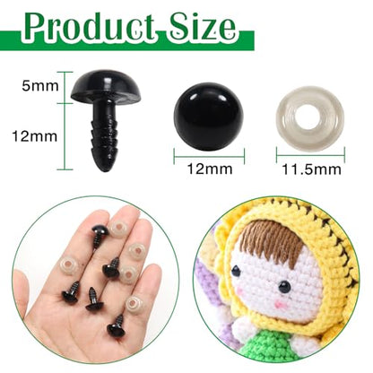 TOAOB 150pcs 12mm Black Plastic Safety Eyes Crafts Safety Eyes with 150pcs Washers for Stuffed Animals Amigurumis Crochet Doll Making - size: 12mm