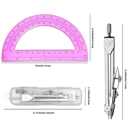 Students Geometry Math Set, Drawing Compass and 6 Inch Protractor - color: Pink