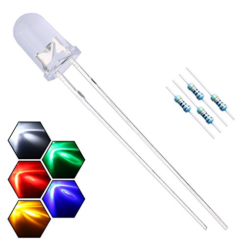 100pcs 5mm 5 Colors x 20pcs Assorted Colors Lights LED Diodes Clear Round Lens 29mm Long Lead +200pcs Resistors (for DC 6-12V) Included,Bulb Lamps Light Emitting Diode - color: [01] 5 Color X 20pcs / 100pcs, style: [B] 5mm Constant Light