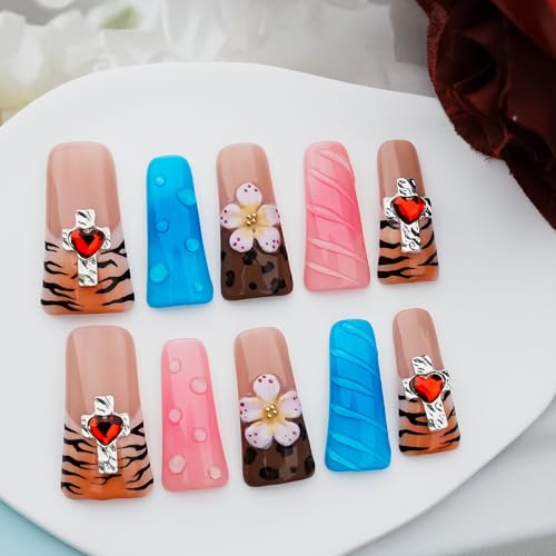 Handmade Press on Nails Long Duck, Tiger Flower Heart Fake Nails | Glossy Multi-Layer Acrylic Finish with Tiger Print Accent, 3D Flower Detail and Cross with Red Heart on Duck Shape, Size S - color: Tame the Wild Heart, size: S