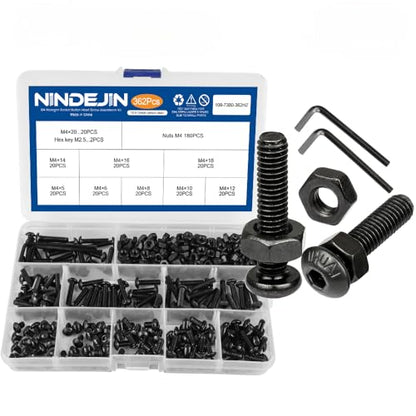 NINDEJIN Metric M4 Button Head Socket Cap Bolts Screws Set, M4x5/6/8/10/12/14/16/18/20 mm Screws Bolts and Nuts Assortment Kit, 362 Pcs Allen Hex Drive, Black Oxide, 10.9 Carbon Steel, Fully Threaded - size: 326Pcs M4 5mm-20mm
