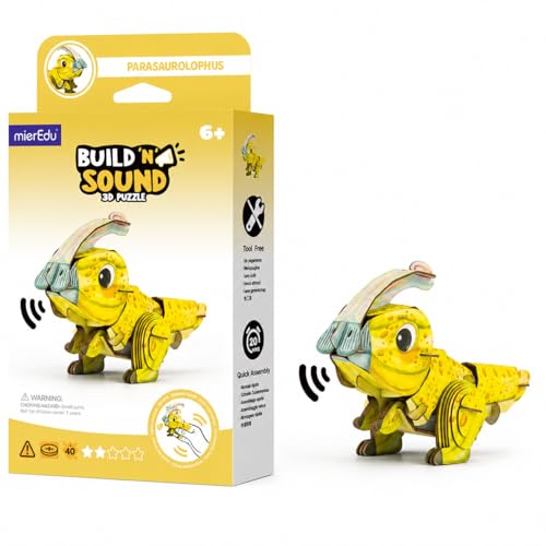 MierEdu Build 'N' Sound 3D Puzzle for Kids, Animal Puzzle with Sound Module, Educational STEM Craft Kit, FSC Paper Model Building Toy Gift for Ages 6+ - color: Parasaurolophus