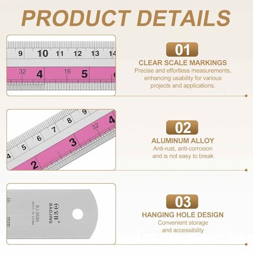 HARFINGTON 2pcs Metal Straight Ruler 30cm Metric SAE Aluminum Alloy Measuring Rulers Scale Tools with Hole for Measure Study Reading Classroom Office, Pink - color: Pink, size: 30cm