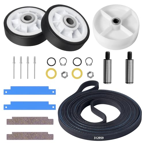 Dryer Repair Kit - 312959 Drum Belt, 303373K 12001541 Dryer Drum Roller Kit Fit for may-tag Dryer LDG8424AAE LDG9304AAM DE212 DE313 LDE8406ACE, LDE8406ACM, LDE8406ADE, LDE8410, LDE8410ACE