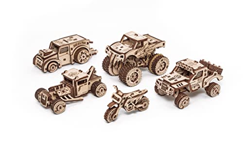 EWA Eco-Wood-Art Vehicles Set 5-in-1 Wooden 3D Puzzle, Mechanical 3D Puzzles for Adults, 364-Piece, with Wind-Up Rubber-Band Motors