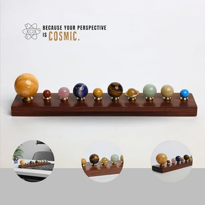 Luxury Handcrafted Solar System Model with Semi-Precious Stones – Sun, Earth & Moon Planet Display on Rosewood Base | Astronomy Art Desk Decor (Sun & 9 Planets)
